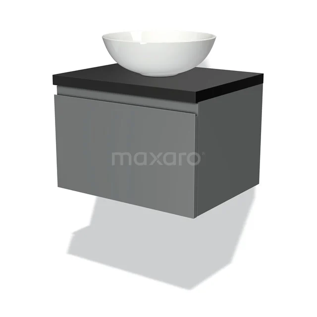 Badmöbel für Aufsatzwaschbecken 60cm Modulo Plato Mittelgrau 1 Schublade grifflos Matt Schwarz Platte BMK11-00287 Grau schwebendes Badmöbel mit schwarzer Oberseite und weißer Waschbecken; modernes Design, perfekt für zeitgemäße Bäder.