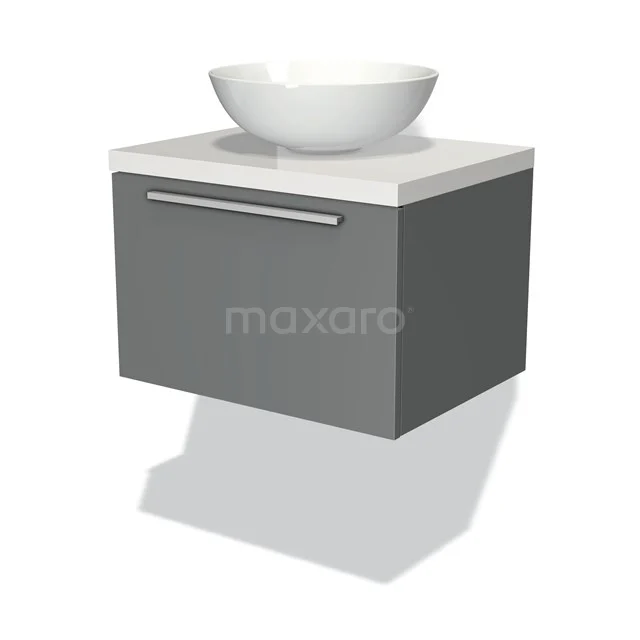 Grau hängendes Badezimmermöbel mit weißem keramischen Aufsatzwaschbecken, schlichtes Design und metallischem Haltegriff, ideal für moderne Bäder.