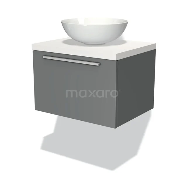 Grauer hängender Badschrank mit einem weißen keramischen Aufsatzwaschbecken, modernem Stil und klarem Design.