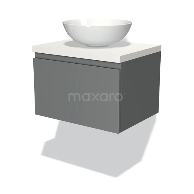 Grauer hängender Badschrank mit weißem Aufsatzbecken, minimalistisches Design, ideal für moderne Badezimmergestaltung.