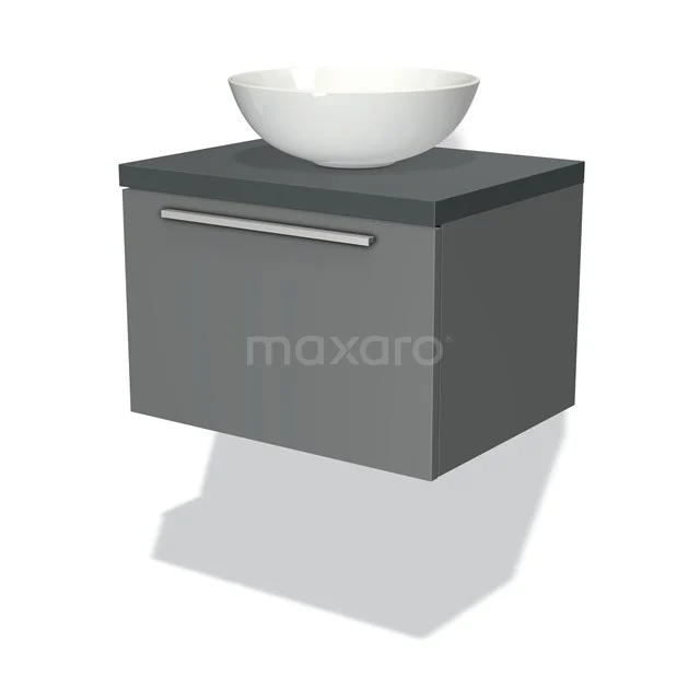 Grauer Badschrank mit anthrazitfarbener Platte und weißem runden Aufsatzwaschbecken, Wandmontage, modernes Design, geeignet für kompakte Badezimmer.