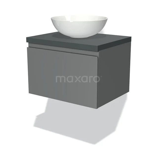 Graue Badmöbelset mit Holzoptik, modernem Waschbecken und schwarzer Platte, ideal für stilvolle Badezimmer.