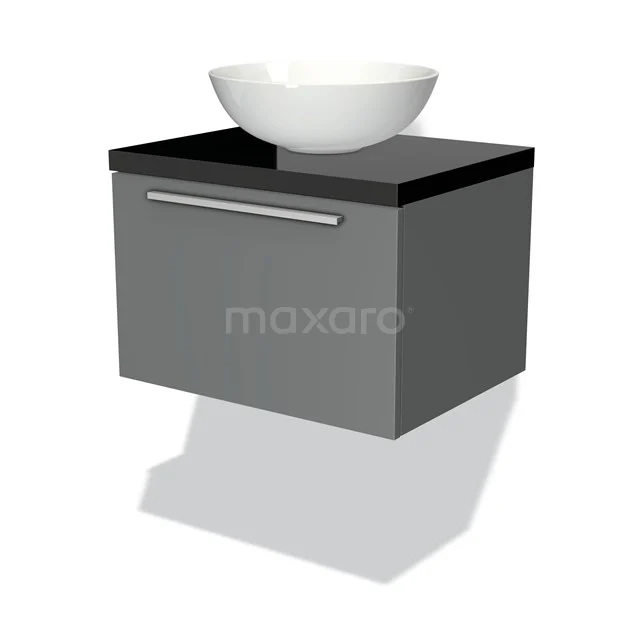 Grauer hängender Badschrank mit schwarzer Platte und weißem Aufsatzwaschbecken, modernes Design aus nachhaltigen Materialien.