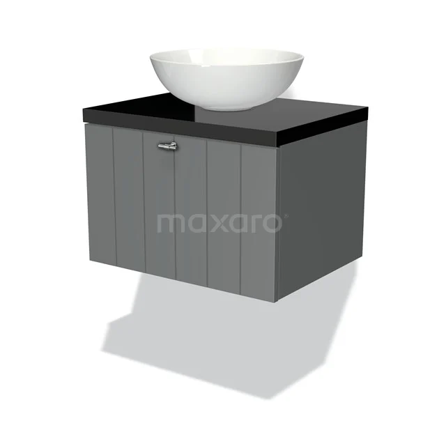 Graue Holz-Badmöbelset mit weißem rundem Waschbecken, schwarzer Platte und silberfarbenem Griff, modernes Design.