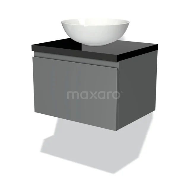 Graue Badmöbelset mit rundem weißen Aufsatzwaschbecken und schwarzer Platte, modernes Design aus hochwertigem Material.