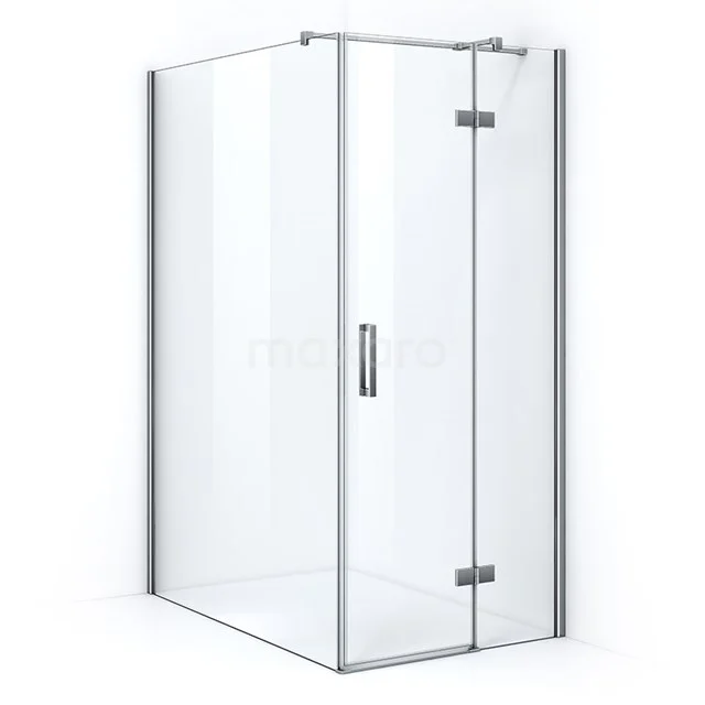 Shower enclosure with corner entry, clear glass, aluminium profiles and pivot door, modern design for stylish bathrooms.