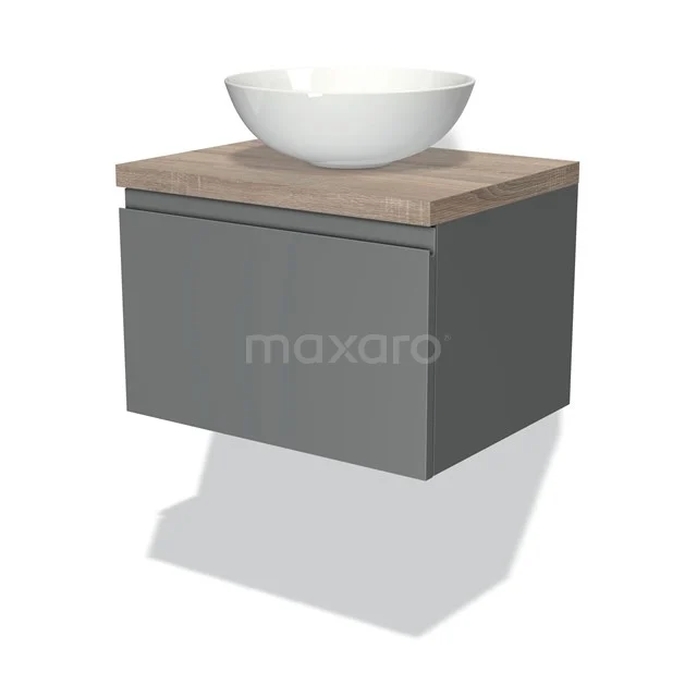 Graues hängendes Badezimmermöbel mit Holzlook Platte und weißem komfömigen Waschbecken, modernes Design.