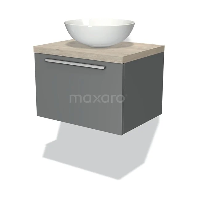 Grauer hängender Badschrank mit Holzlook Platte, runder weißer Waschbecken und metallischem Haltegriff; minimalistisches Design.