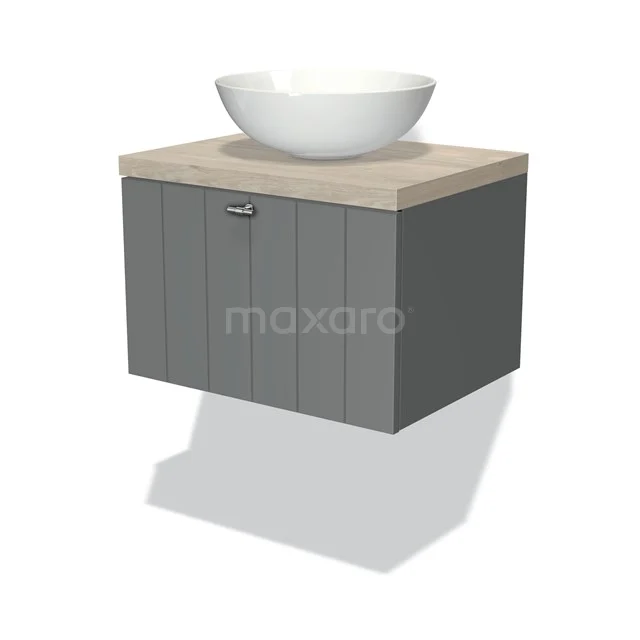 Grauer schwebender Badschrank mit Holzoptik Waschtischplatte und einem runden weißen Aufsatzwaschbecken, ideal für moderne Badezimmergestaltung.