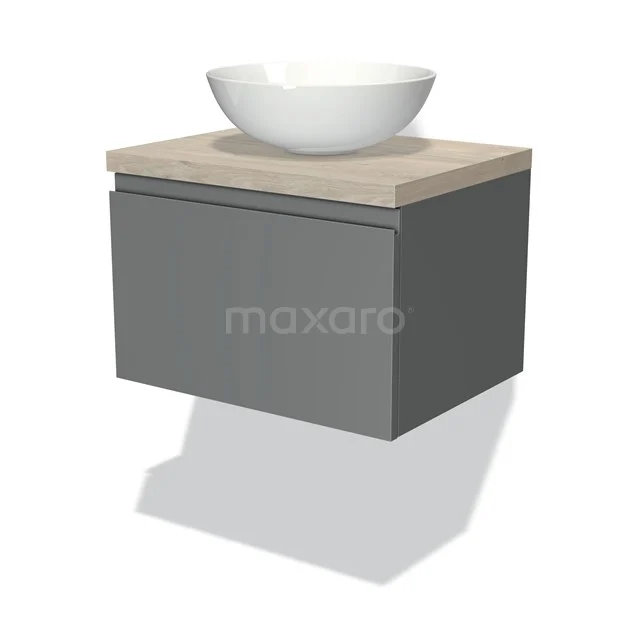 Graues hängendes Badmöbel mit Holzoptik Platte und weißem runden Aufsatzwaschbecken, modernes Design für stilvolle Bäder.