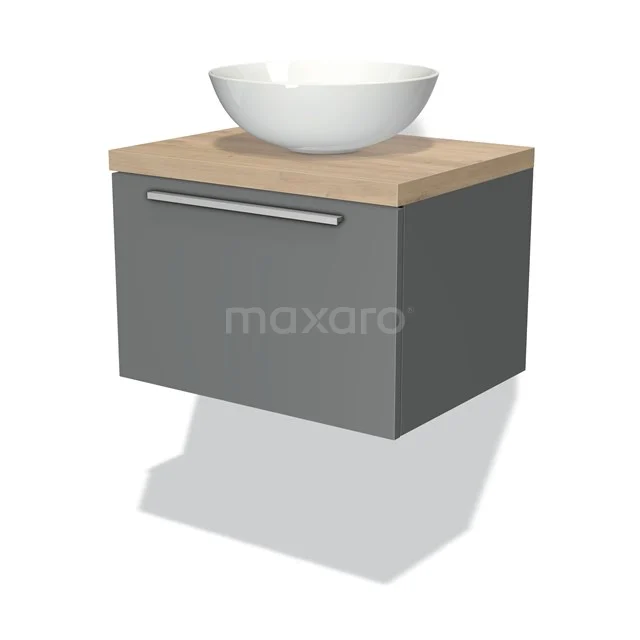 Modulo Plato Badmöbel mit Aufsatzwaschbecken | 60 cm Mittelgrau Flach front Hellbraune Eiche blatt 1 Schublade BMK11-00306 Grauer hängender Badschrank mit Holzplatte und weißem Aufsatzwaschbecken, klares Design für moderne Badezimmerstil.