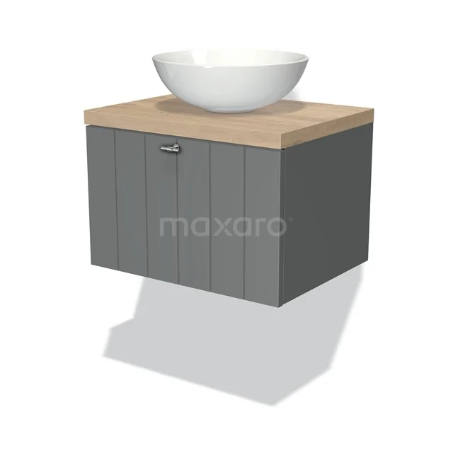 Modulo Plato Badmöbel mit Aufsatzwaschbecken | 60 cm Mittelgrau Lamelle front Hellbraune Eiche blatt 1 Schublade BMK11-00307 Grauer hängender Badschrank mit Holzoptik Platte und runder weißer Waschbecken, ideal für einen modernen Badezimmer Stil.