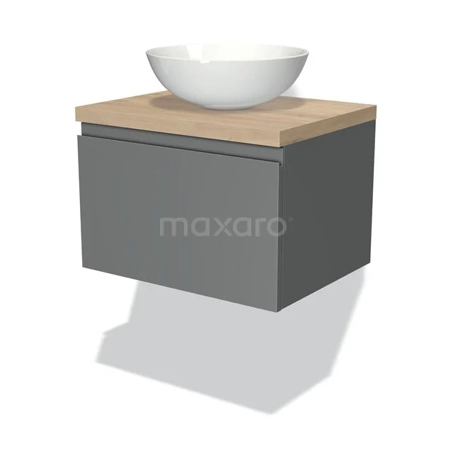 Grauer schwebender Badschrank mit Holzplatte und weißem keramischen Aufsatzwaschbecken, modernes Design für kompakte Bäder.