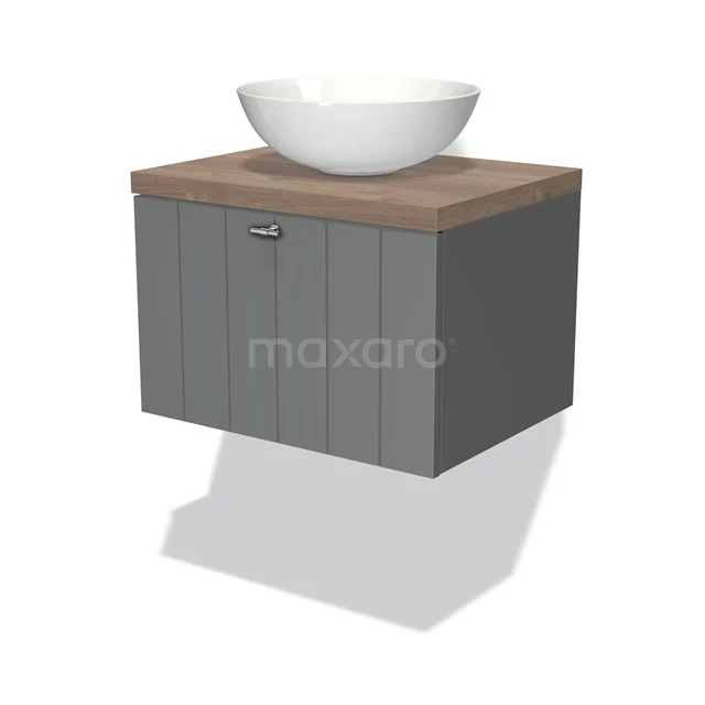 Grauer Badschrank mit Holzoptik Platte und rundem weißen Aufsatzwaschbecken, stilvolles Wandmöbel für moderne Bäder.