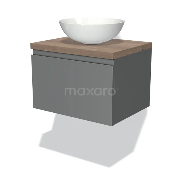 Graue Badmöbelset mit Holzplatte und weißem Aufsatzwaschbecken, modernes Design, schwebendes Modell.