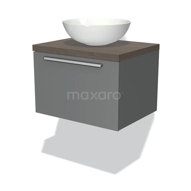 Graues schwebendes Badezimmermöbel mit Holzplatte und modernem Waschbecken, ideal für eine stilvolle und funktionale Badezimmergestaltung.