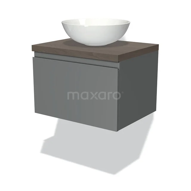 Graue schwebende Waschbeckenunterschrank mit Holzoptik Platte und stilvollem weißen Aufsatzwaschbecken, ideal für ein modernes Badezimmer.