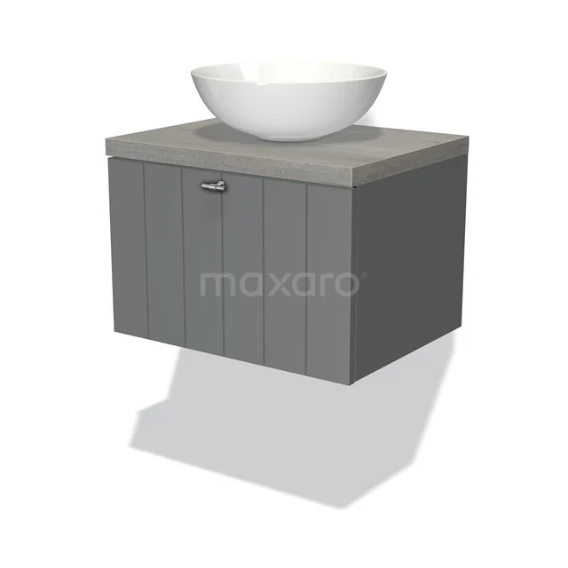 Badmöbel für Aufsatzwaschbecken 60cm Modulo Plato Mittelgrau 1 Schublade Lamelle Graue Eiche Platte BMK11-00316 Grau hängendes Badezimmermöbel mit Holzoptik und rundem weißen Aufsatzwaschbecken, praktisch und stilvoll für moderne Badezimmergestaltung.