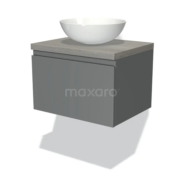 Graues schwebendes Waschtischmöbel mit Betonoberfläche und weißem Aufsatzwaschbecken, ideale Wahl für ein modernes Badezimmer.