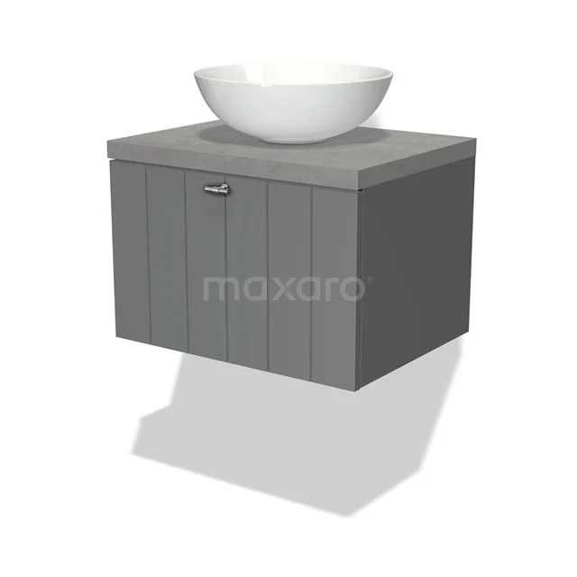 Graues hängendes Badezimmermöbel mit Holzoptik, einer Schublade und einem weißen keramischen Aufsatzwaschbecken oben, stilvolles und modernes Design.