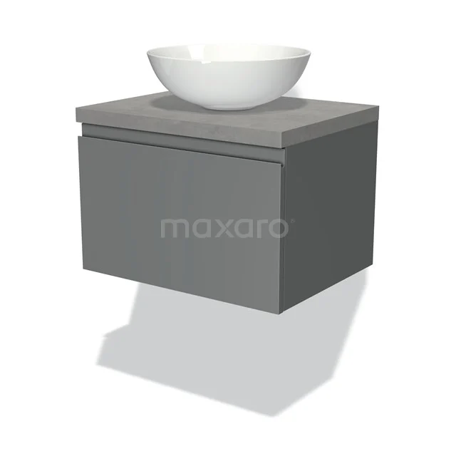 Badmöbel für Aufsatzwaschbecken 60cm Modulo Plato Mittelgrau 1 Schublade grifflos hellgrauer Beton Platte BMK11-00320 Graue schwebende Badmöbelset mit Mineralguss Aufsatzwaschbecken, modernes Design und praktische Schublade für stilvollen Badezimmergebrauch.