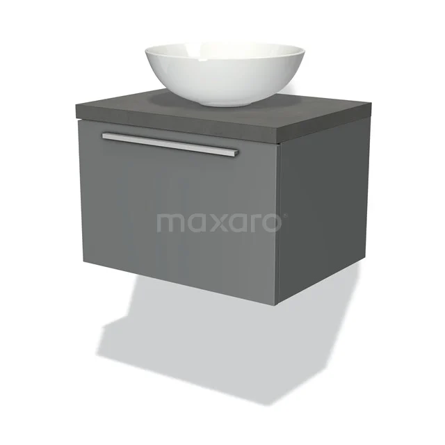 Grauer schwebender Badschrank mit Schublade und weißem keramischen Aufsatzwaschbecken, modernes Design aus nachhaltigen Materialien.