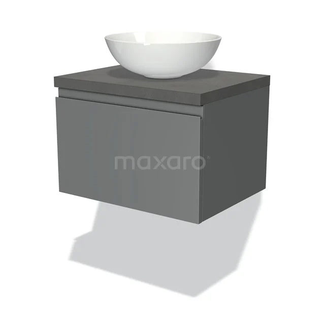 Grauer Badschrank mit weißem Aufsatzwaschbecken, Wandmontage, modernes Design, ideal als stilvoller Stauraum im Badezimmer.