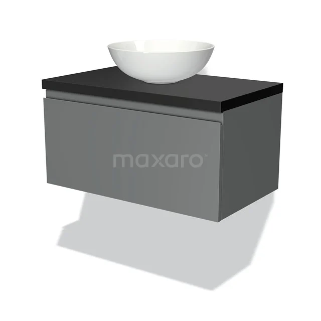 Badmöbel für Aufsatzwaschbecken 80cm Modulo Plato Mittelgrau 1 Schublade grifflos Matt Schwarz Platte BMK11-00326 Graue schwebende Badmöbelset mit mattschwarzer Platte und weißem komfömigen Waschbecken, modernes und elegantes Design.