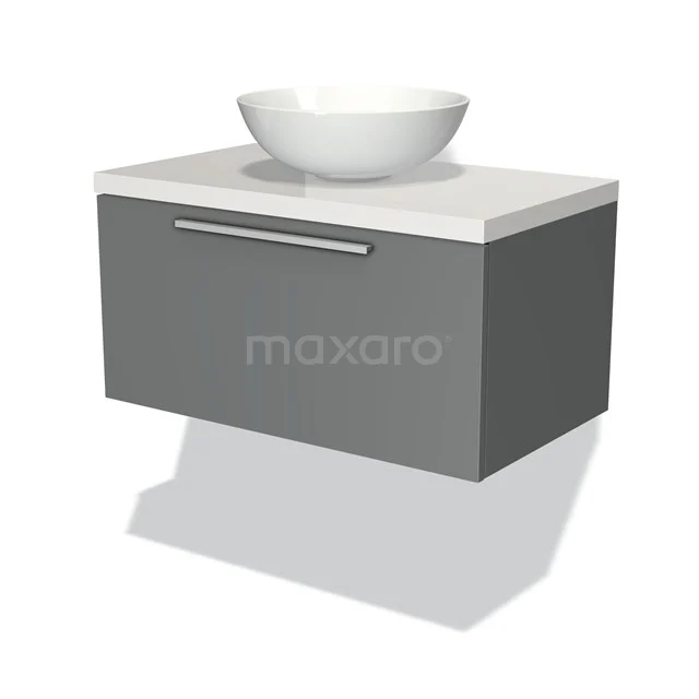 Badmöbel für Waschtischunterschrank mit Konsole 80cm Modulo Plato Mittelgrau 1 Schublade Flach Hochglanz Weiß Platte BMK11-00327 Grauer hängender Badschrank mit weißer Waschbecken, modernes Design, ideal für einen stilvollen Badezimmerraum.