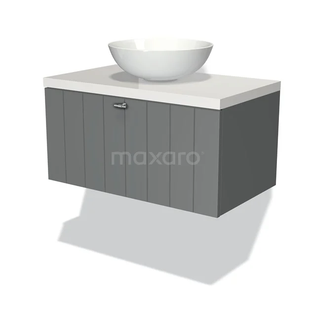 Grau Holz Badmöbel mit weißem Aufsatzwaschbecken, schlichtes Design und moderne Ausstrahlung, perfekt für kleine Bäder.