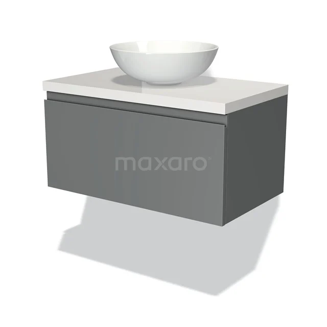 Badmöbel für Waschtischunterschrank mit Konsole 80cm Modulo Plato Mittelgrau 1 Schublade Grifflos Hochglanz Weiß Platte BMK11-00329 Grau schwebendes Badmöbel mit weißem Aufsatzwaschbecken, schlankes Design und hochwertige Verarbeitung, perfekt für ein modernes Badezimmer.