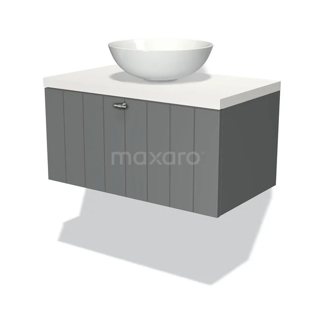 Modulo Plato Badmöbel mit Aufsatzwaschbecken | 80 cm Mittelgrau Lamelle front Matt Weiß blatt 1 Schublade BMK11-00331 Graues hängendes Badmöbel mit weißem Aufsatzwaschbecken, Holzoptik-Finish und schickem Design für moderne Badezimmergestaltung.