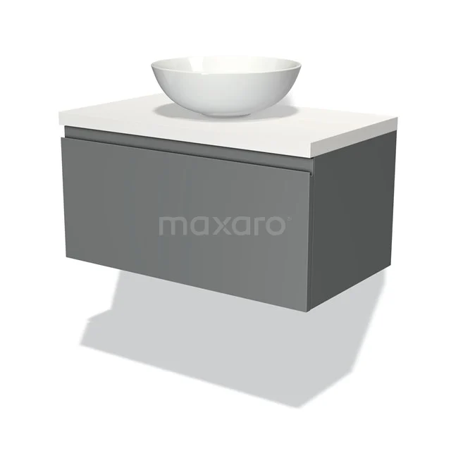 Badmöbel für Waschtischunterschrank mit Konsole 80cm Modulo Plato Mittelgrau 1 Schublade grifflos Matt Weiß Platte BMK11-00332 Grau hängendes Badmöbel mit weißem Aufsatzwaschbecken, schlichtes Design, ideal für moderne Bäder.