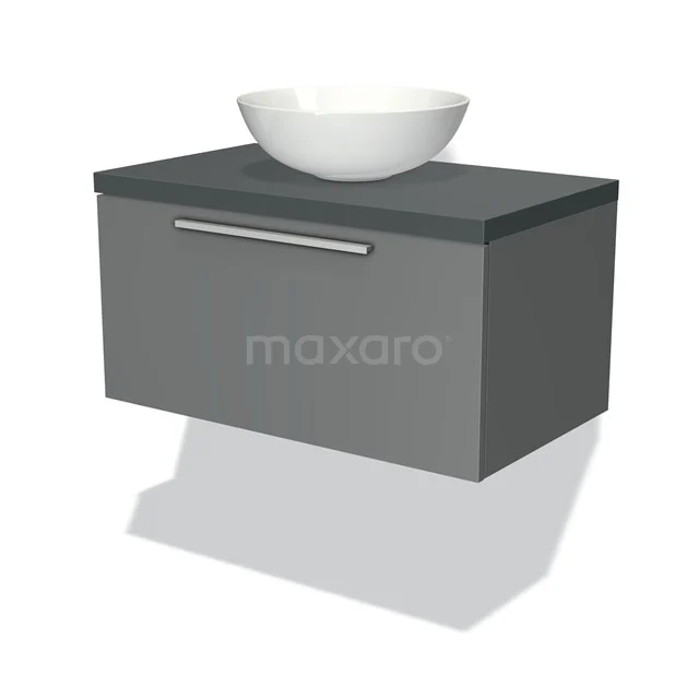 Graues hängendes Waschtischmöbel mit ovalem weißen Aufsatzwaschbecken, moderne Ausstrahlung für das Badezimmer.