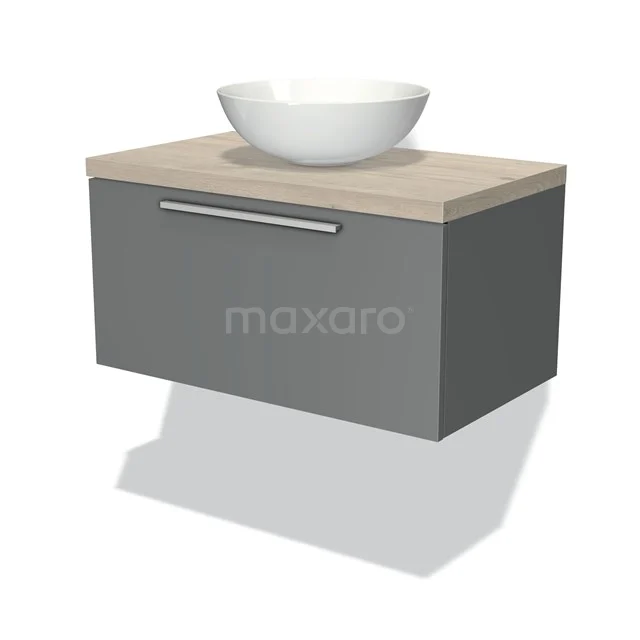 Grauer schwebender Badschrank mit Holzplatte und weißem Aufsatzwaschbecken, modernes Design, ideal für stilvolle Badezimmergestaltung.