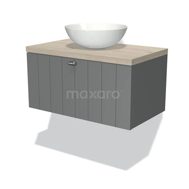 Grau hängendes Badmöbel mit Holzlook Platte und modernem weißen Aufsatzwaschbecken, ideal für eine stilvolle Badezimmer Einrichtung.