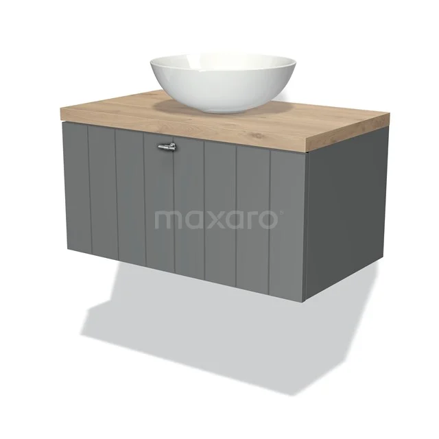 Graue Badmöbelset mit Holzlook Platte und einem weißen komförmigen Waschbecken, ideal für moderne Badezimmergestaltung.