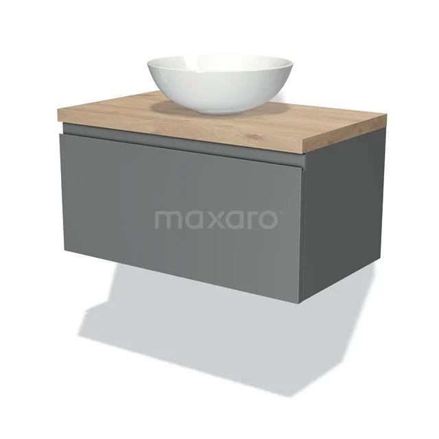 Grau hängendes Badmöbel mit Holzlook Platte und weißer komförmiger Waschbecken, ideal für moderne Bäder.