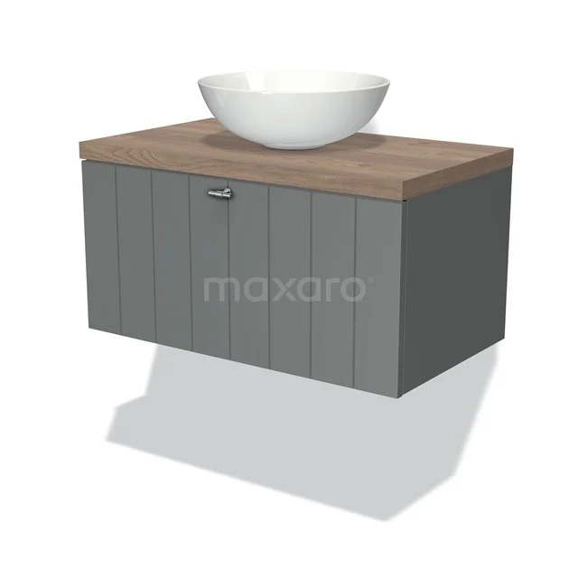 Grauer Holz-Badschrank mit einer Eiche look Platte und weißem Aufsatzwaschbecken, ideal für einen modernen Badezimmerstil.