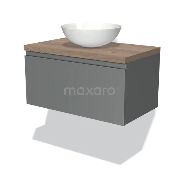 Badmöbel für Aufsatzwaschbecken 80cm Modulo Plato Mittelgrau 1 Schublade grifflos mittelbraune Eiche Platte BMK11-00350 Grauer hängender Badschrank mit Holzplatte und weißer Waschbecken, moderner Stil für raffinierte Badezimmergestaltung.