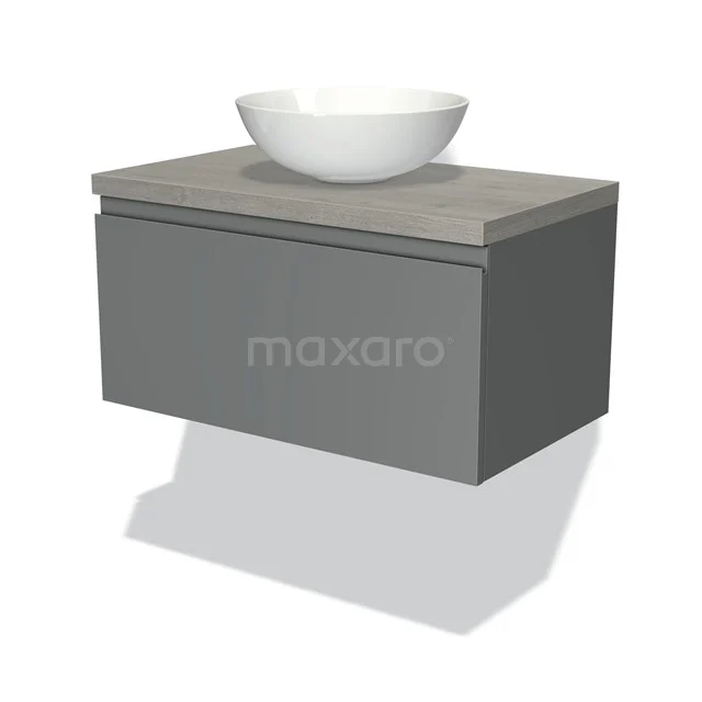 Modulo Plato Badmöbel mit Aufsatzwaschbecken | 80 cm Mittelgrau Grifflos front Graue Eiche blatt 1 Schublade BMK11-00356 Grauer schwebender Waschbeckenunterschrank mit runder weißer Aufsatzwaschbecken, modernes Design, ideal für eine stilvolle Badezimmergestaltung.