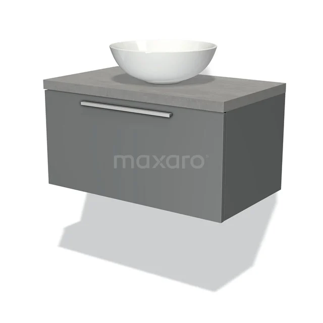 Grey floating bathroom cabinet with white ceramic countertop wash basin, modern design and metal handle.