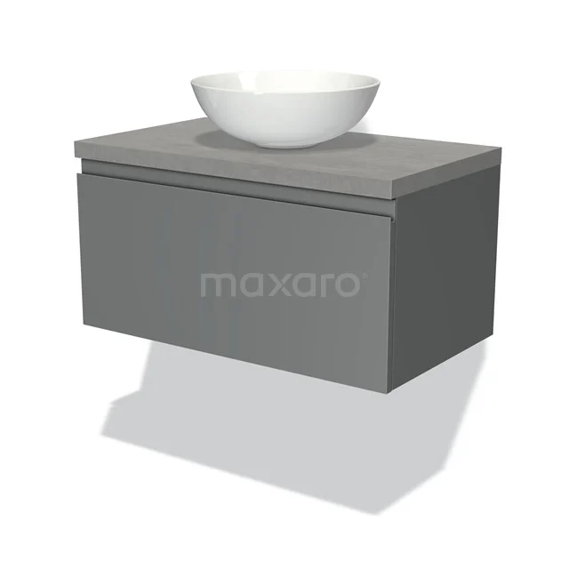 Badmöbel für Aufsatzwaschbecken 80cm Modulo Plato Mittelgrau 1 Schublade grifflos hellgrauer Beton Platte BMK11-00359 Graue Badmöbelset mit hängendem Design und weißem keramischen Aufsatzwaschbecken, ideal für moderne Badezimmergestaltungen.