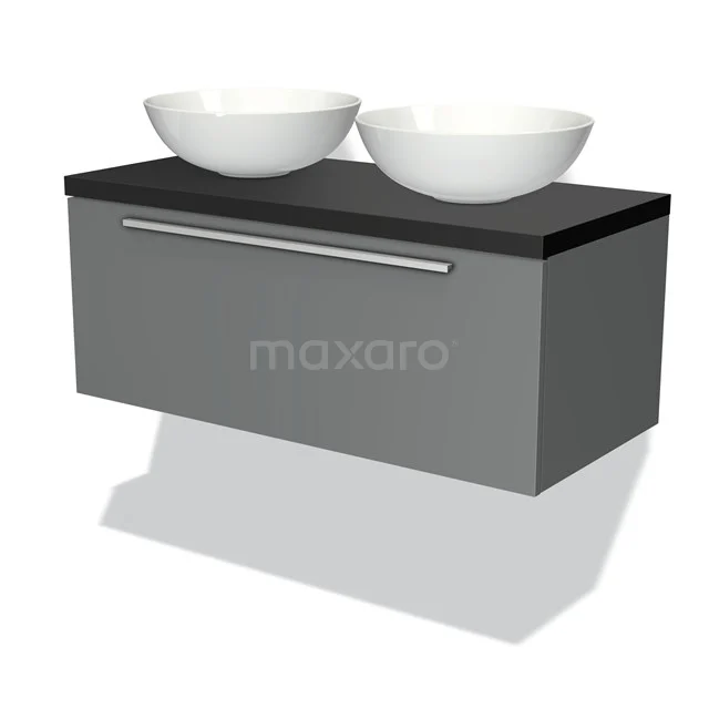 Grauer schwebender Badschrank mit schwarzer Oberseite, doppelten weißen Aufsatzwaschbecken und metallischem Haltegriff; modernes und elegantes Design.