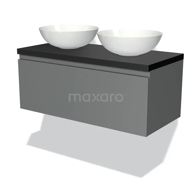 Grauer schwebender Badschrank mit schwarzer Oberseite und zwei weißen Aufsatzwaschbecken, modernes Design.