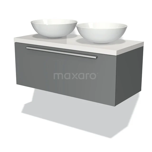 Grau hängendes Badezimmermöbel mit doppeltem weißen keramischen Waschbeckenplatte, schlichte Formgebung und metallischem Haltegriff.