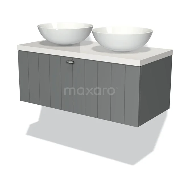 Graues Holz-Badmöbel mit Doppelwaschbecken aus Keramik, modernes schwebendes Design für ein stilvolles Badezimmer.