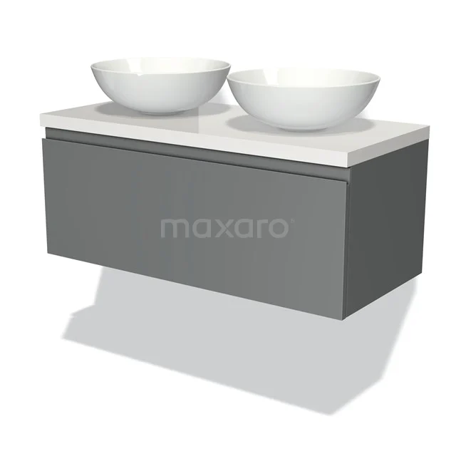 Badmöbel für Waschtischunterschrank mit Konsole 100cm Modulo Plato Mittelgrau 1 Schublade Grifflos Hochglanz Weiß Platte BMK11-00368 Graue schwebende Badmöbelset mit weißen keramischen Aufsatzwaschbecken und einer matten Oberfläche, modernes und elegantes Design.