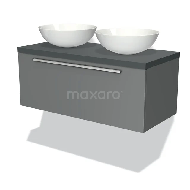 Grey floating bathroom cabinet with 2 white countertop wash basins, modern design, with stylish aluminium handle.