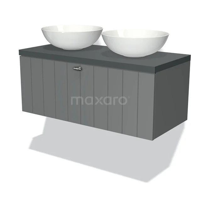 Graues Holz-Badmöbel mit zwei weißen ovalen Waschbecken, ideal für eine moderne Doppelwaschbeckenanordnung.